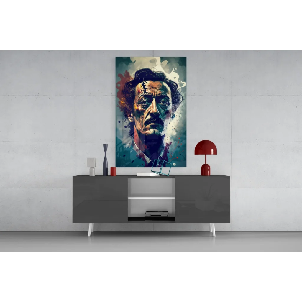 Vibrant abstract Salvador Dalí glass wall art print in red and blue