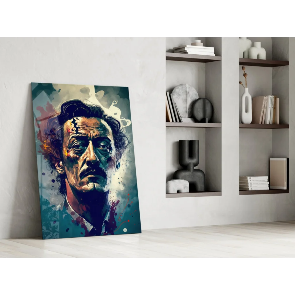 Vibrant abstract glass wall art portrait of man with curly hair and intense eyes