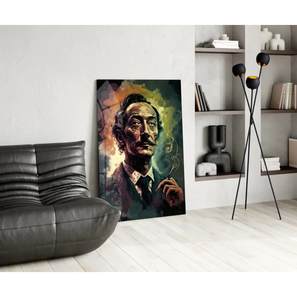 Stylized Salvador Dalí glass wall art with swirling smoke portrait
