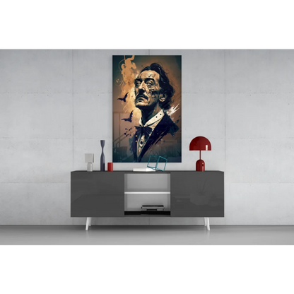 Stylized Salvador Dali glass wall art portrait with bats and smoke