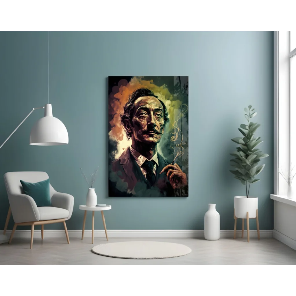 Vibrant Salvador Dali glass wall art with swirling smoke portrait