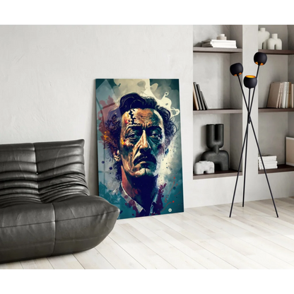 Vibrant abstract glass wall art portrait of man with dark curly hair