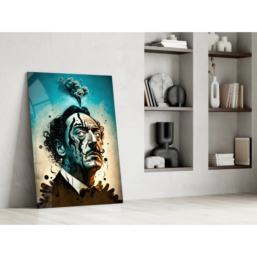 Salvador Dali vibrant portrait man curly hair teal beige wall art canvas