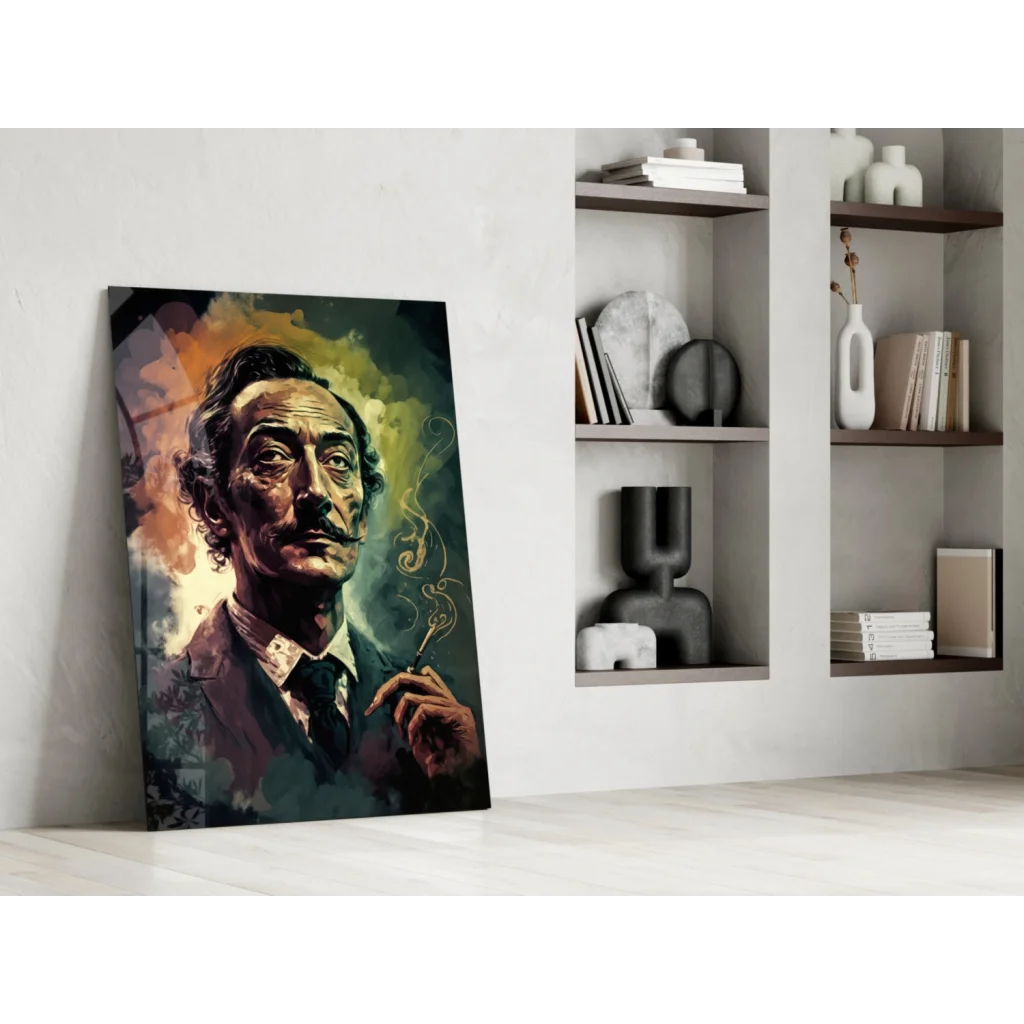 Salvador Dali glass wall art with swirling smoke portrait leaning on wall