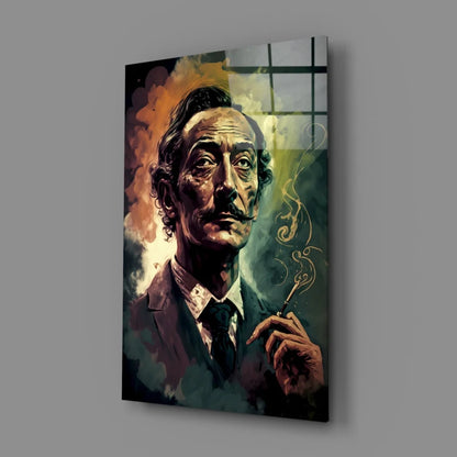 Vibrant Salvador Dalí glass wall art with swirling orange and green smoke portrait