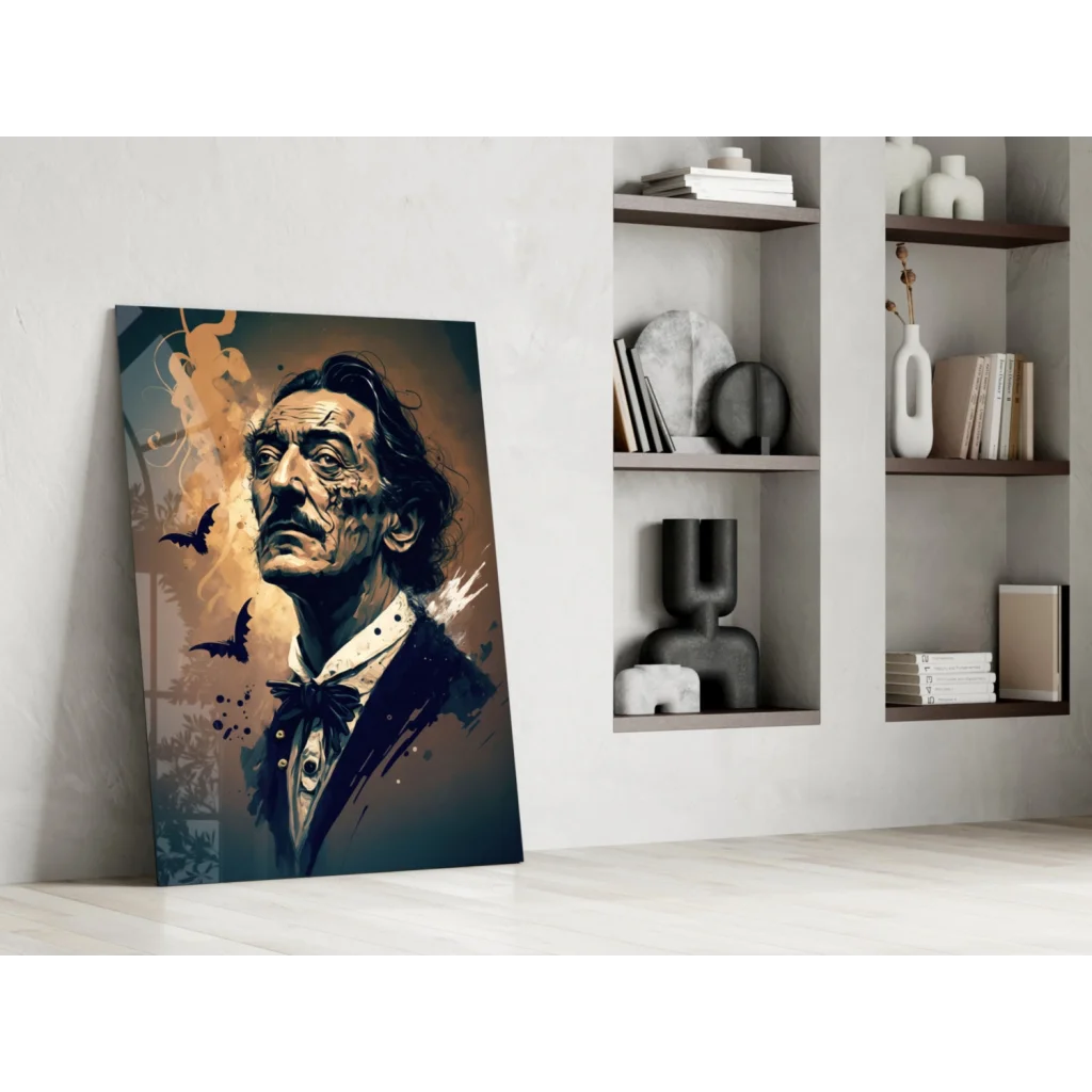 Dramatic Salvador Dalí glass wall art print with swirling golden black strokes