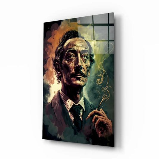 Vibrant Salvador Dalí glass wall art portrait with swirling smoke