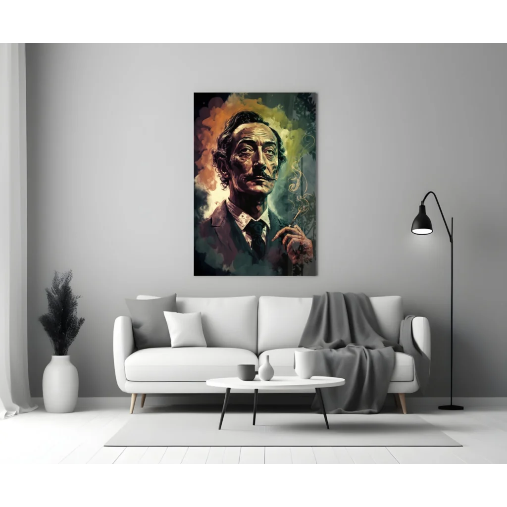 Vibrant Salvador Dalí glass wall art portrait with swirling smoke