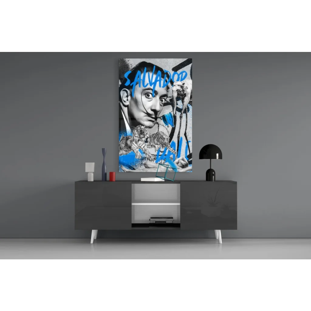 Blue and black graffiti Dali canvas wall art with surreal tigers and elephants