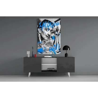 Blue and black graffiti Dali canvas wall art with surreal tigers and elephants