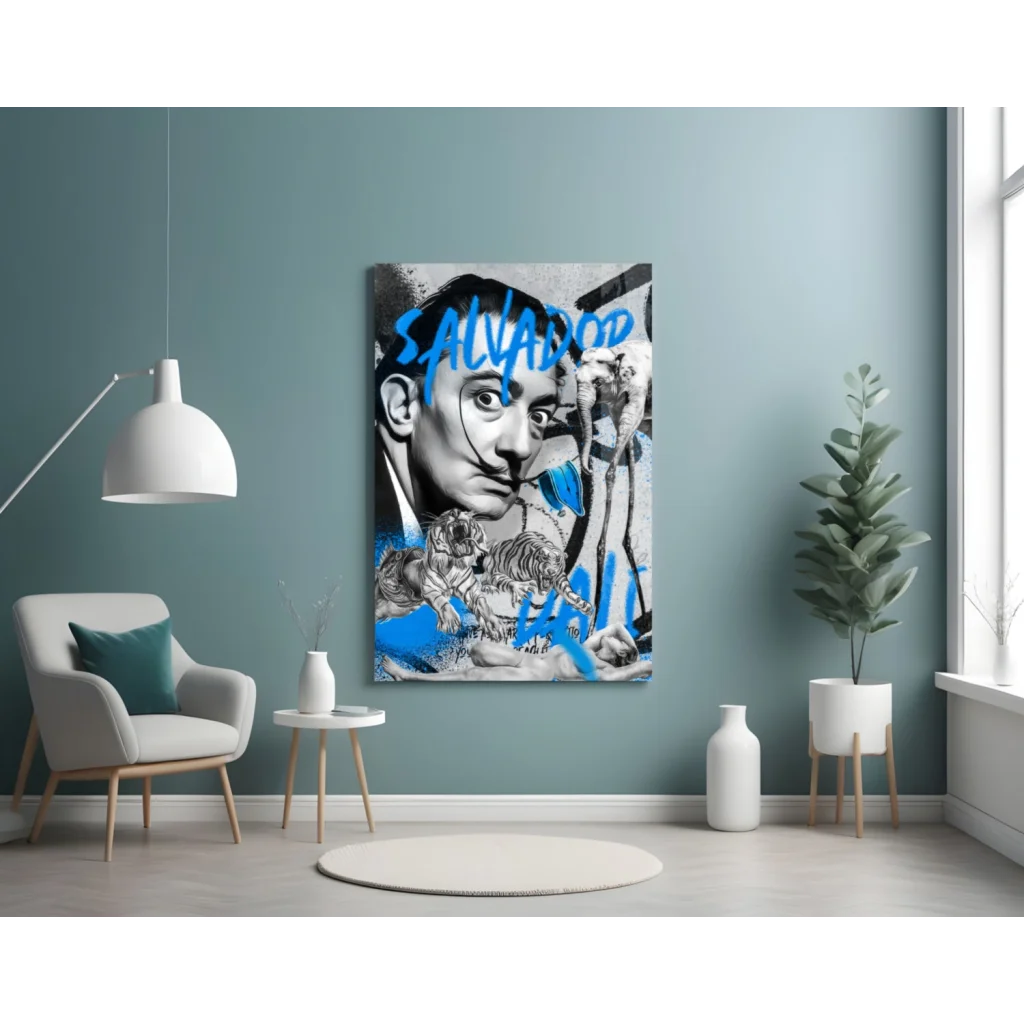Salvador Dali pop art canvas wall art with surreal tigers on teal wall