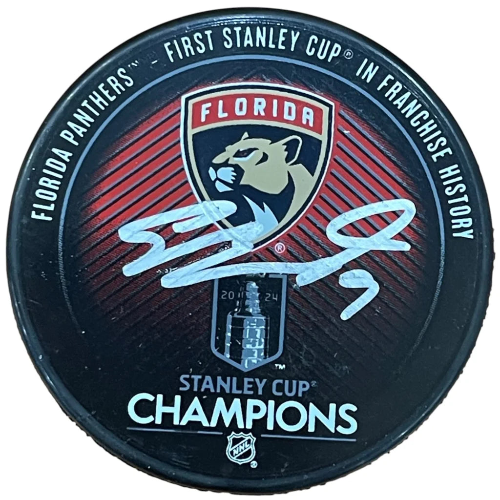 Sam Bennett autographed Florida Panthers hockey puck with 2024 Stanley Cup logo