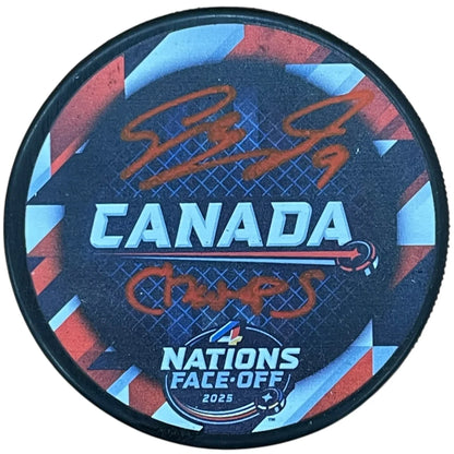 Sam Bennett autographed Team Canada 4 Nations hockey puck with Champs