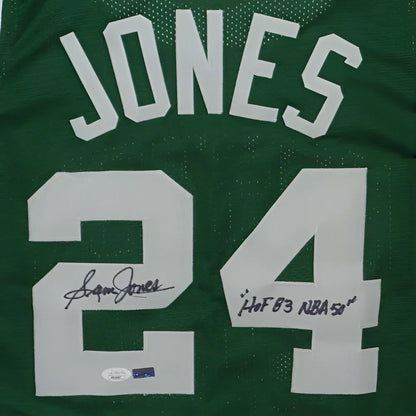 Sam Jones autographed green custom jersey with Jones 24 and HOF inscription