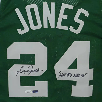Autographed Sam Jones custom jersey with green design and signature
