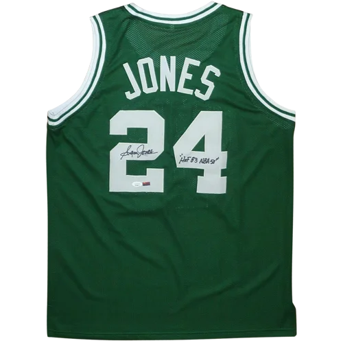 Autographed Sam Jones custom jersey, green with white lettering