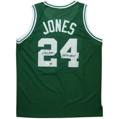 Autographed Sam Jones custom jersey, green with white lettering