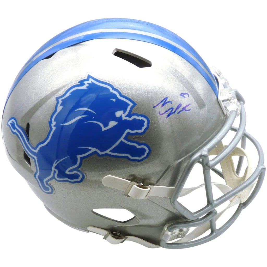 Sam LaPorta autographed Detroit Lions replica helmet, silver and blue glossy finish