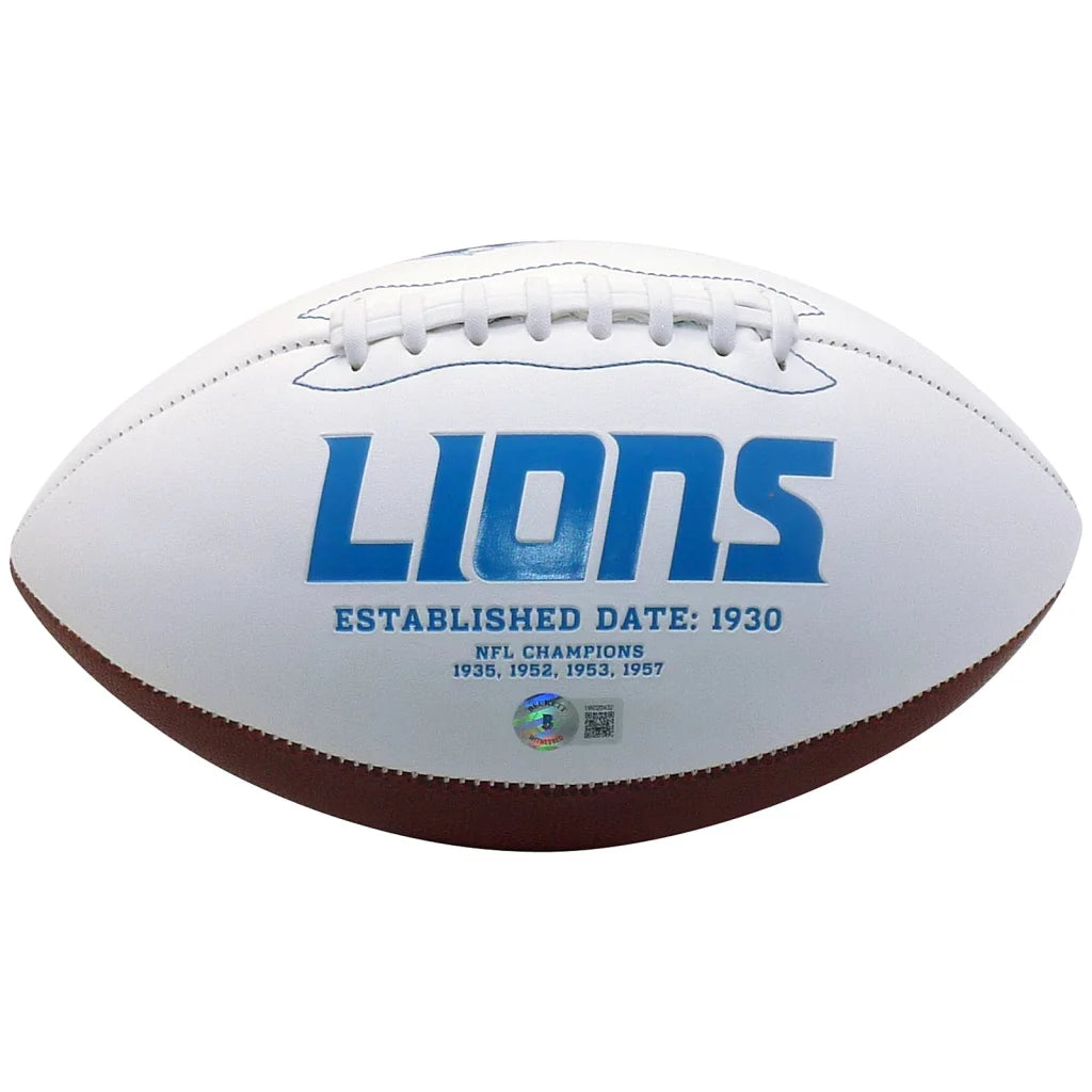 Autographed Detroit Lions logo football with blue Lions lettering