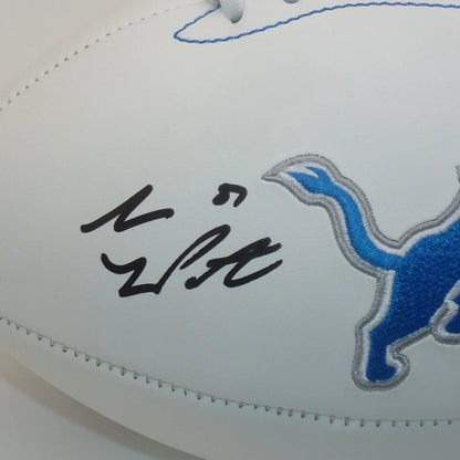 Autographed Detroit Lions logo football with white helmet and blue logo