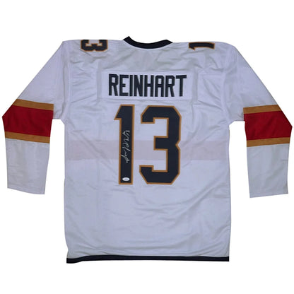 Sam Reinhart autographed Florida Panthers jersey with white background and red gold accents