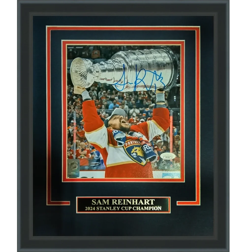 Sam Reinhart holding Florida Panthers Stanley Cup in deluxe framed 8x10 photo
