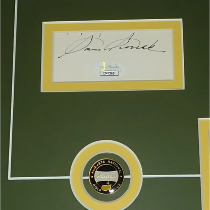 Sam Snead, Gene Sarazen and Byron Nelson autographed Masters deluxe framed piece with green gold frame, JSA sticker and 2013 coin