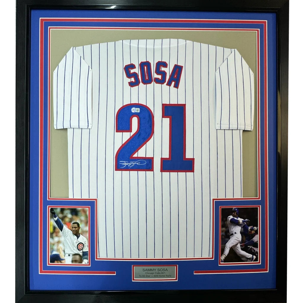 Framed Sammy Sosa autographed Chicago Cubs pinstripe jersey with photos and plaque