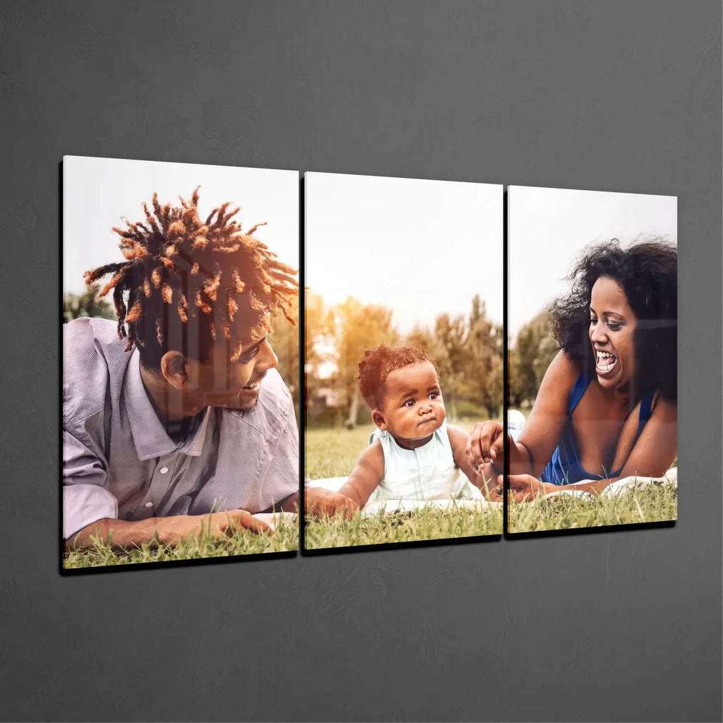 Personalized digital printed mega glass art of family triptych in grass