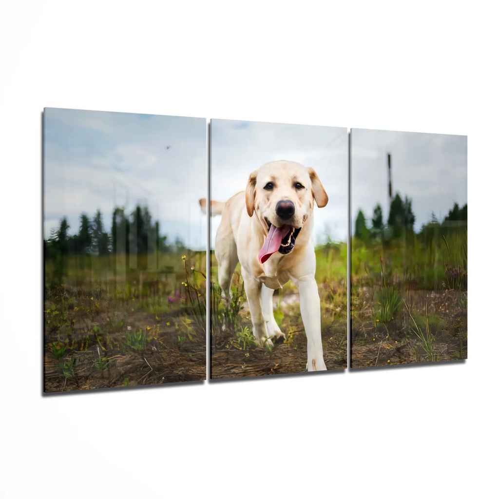 Personalized digital printed mega glass art of yellow labrador triptych