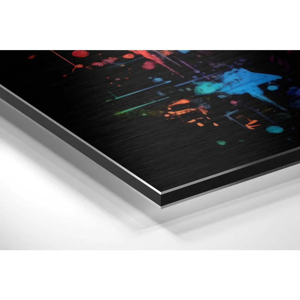 Samsung Galaxy Tab S7+ black canvas with colorful paint splatters on brushed aluminium dibond