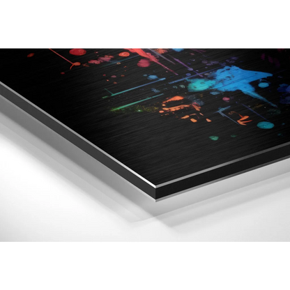 Samsung Galaxy Tab S7+ black canvas with colorful paint splatters on brushed aluminium dibond
