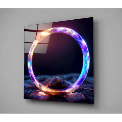 Samsung QLED curved TV glass wall art with blue purple glowing ring light