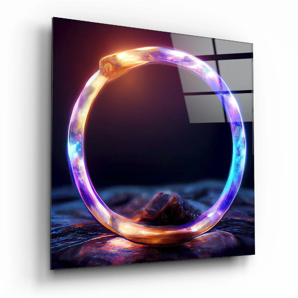 Iridescent holographic ring on Samsung QLED curved TV glass wall art