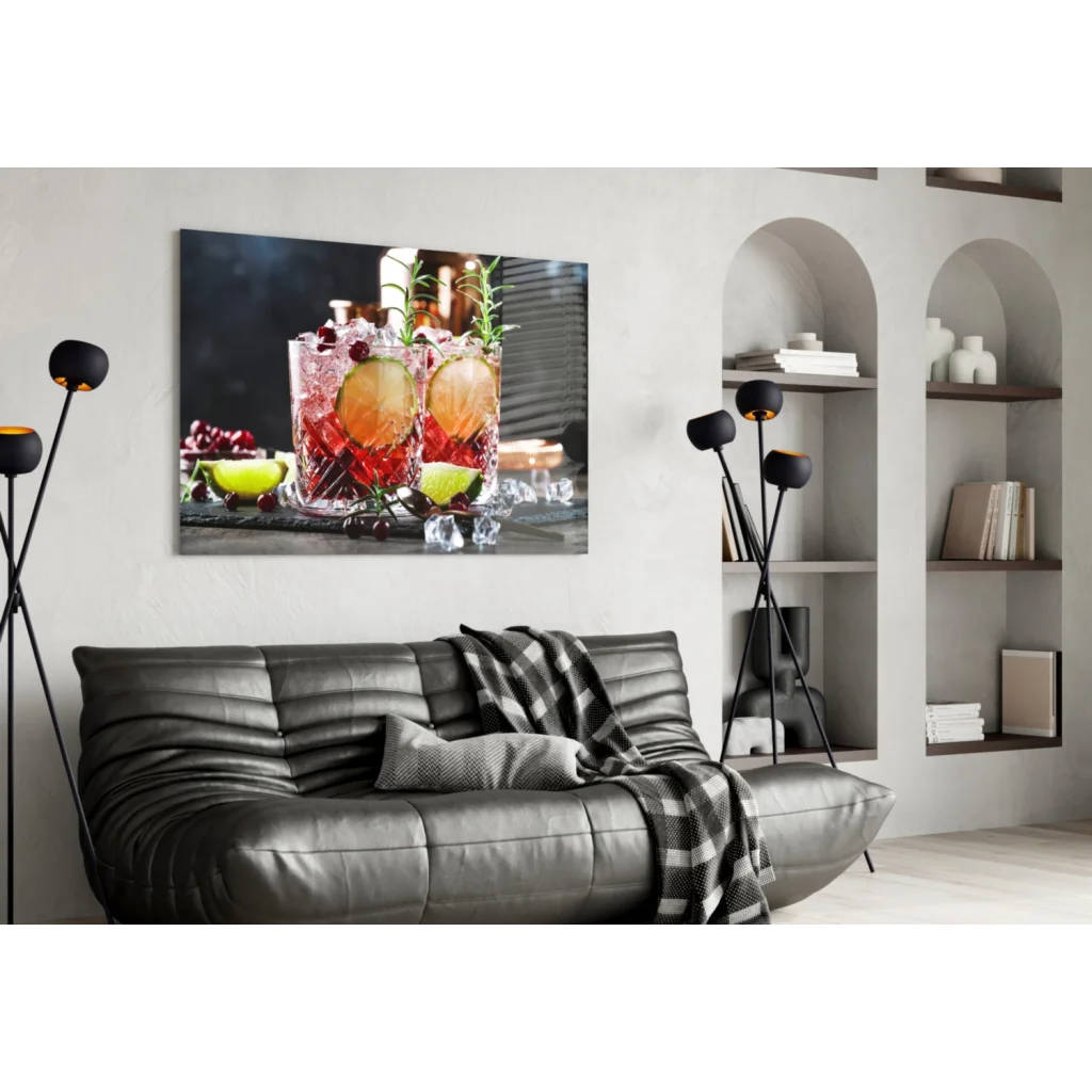 Modern black leather sofa with plaid throw and glass wall art set