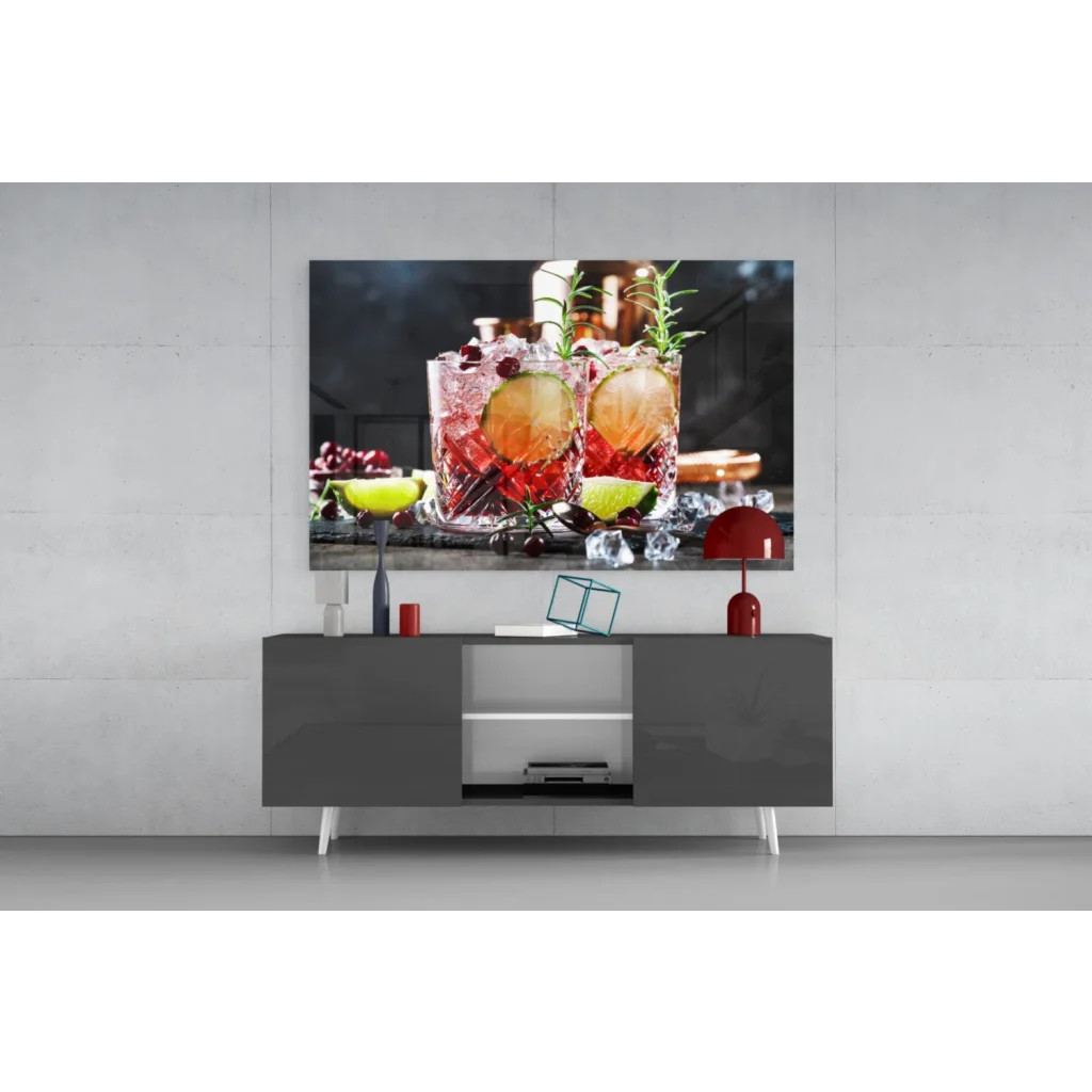 Sleek Samsung QLED 4K TV with black frame, silver legs and 3D printed glass wall art set