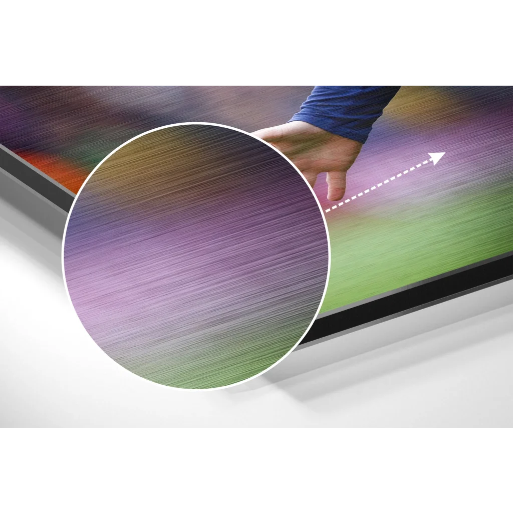 glass wall art Vibrant purple green Samsung QLED TV on brushed aluminium dibond