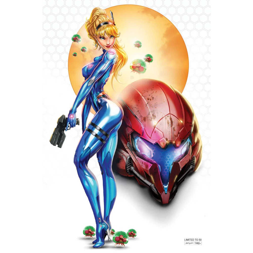 Blue and silver Samus Aran figure with red helmet on brushed aluminum gaming wall art print