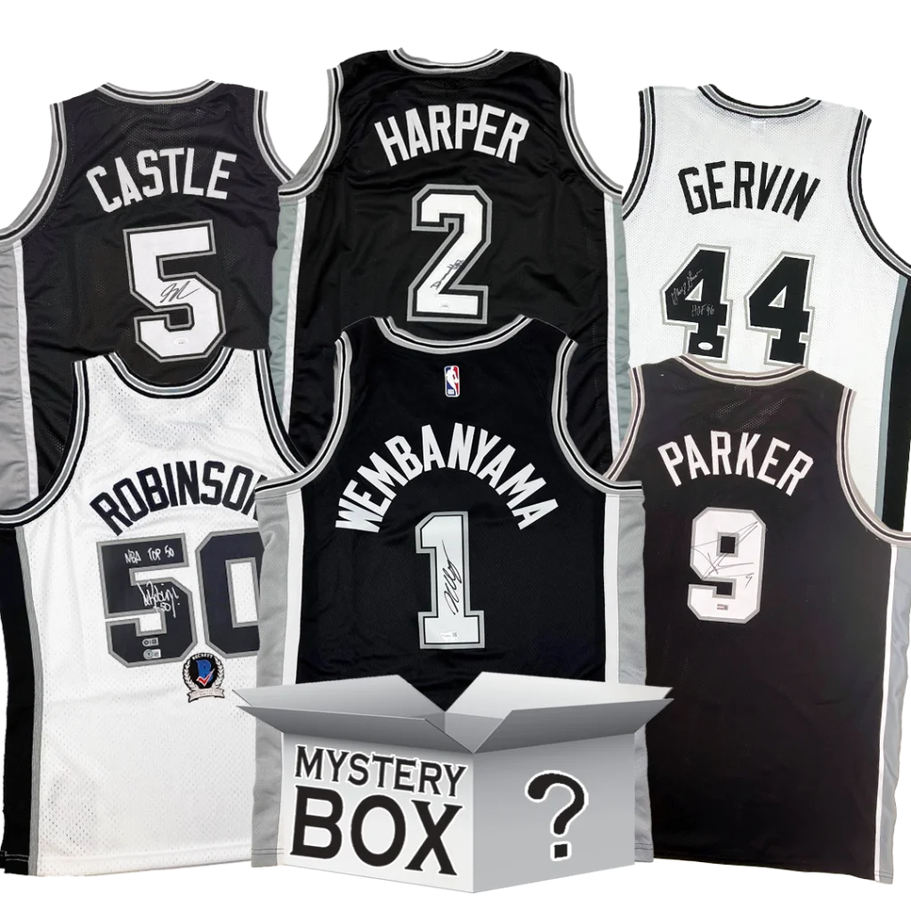 Black and white san antonio basketball jersey mystery box with autographed jerseys from the san antonio spurs