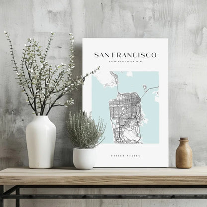 Modern blue and white San Francisco map aluminum print on wood table