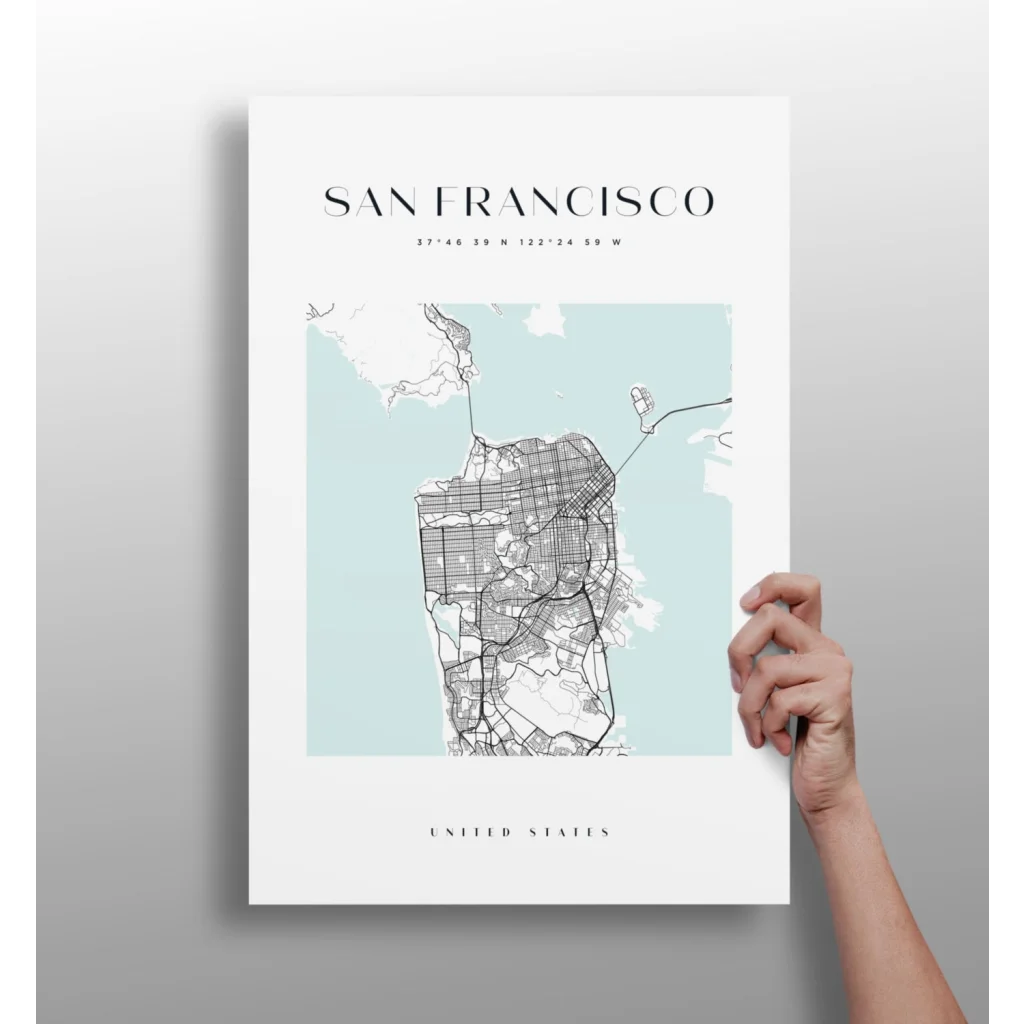 Minimalist 20x30 San Francisco map poster in light blue and white on aluminum print