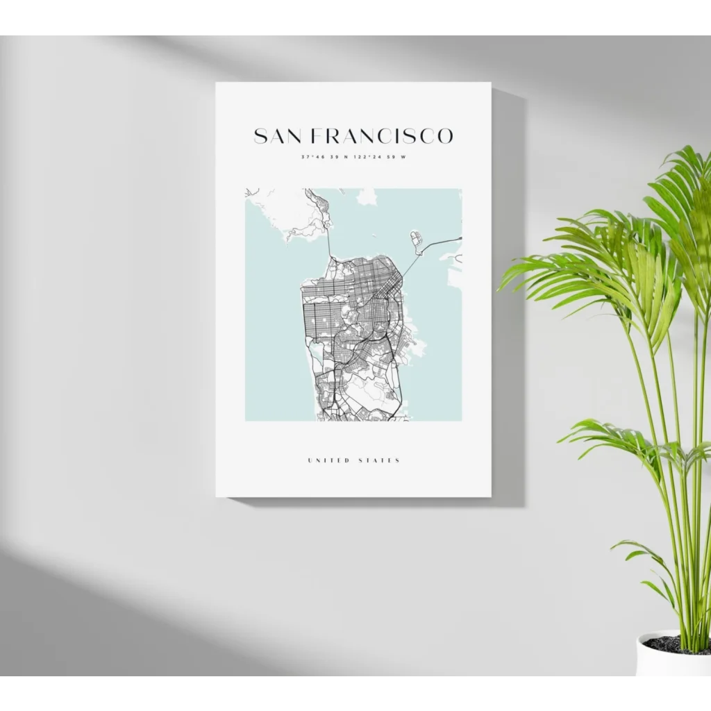 San Francisco map art print in modern blue and white aluminum