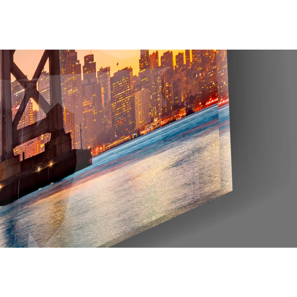 San Francisco Bay Bridge sunset on angled glass wall art