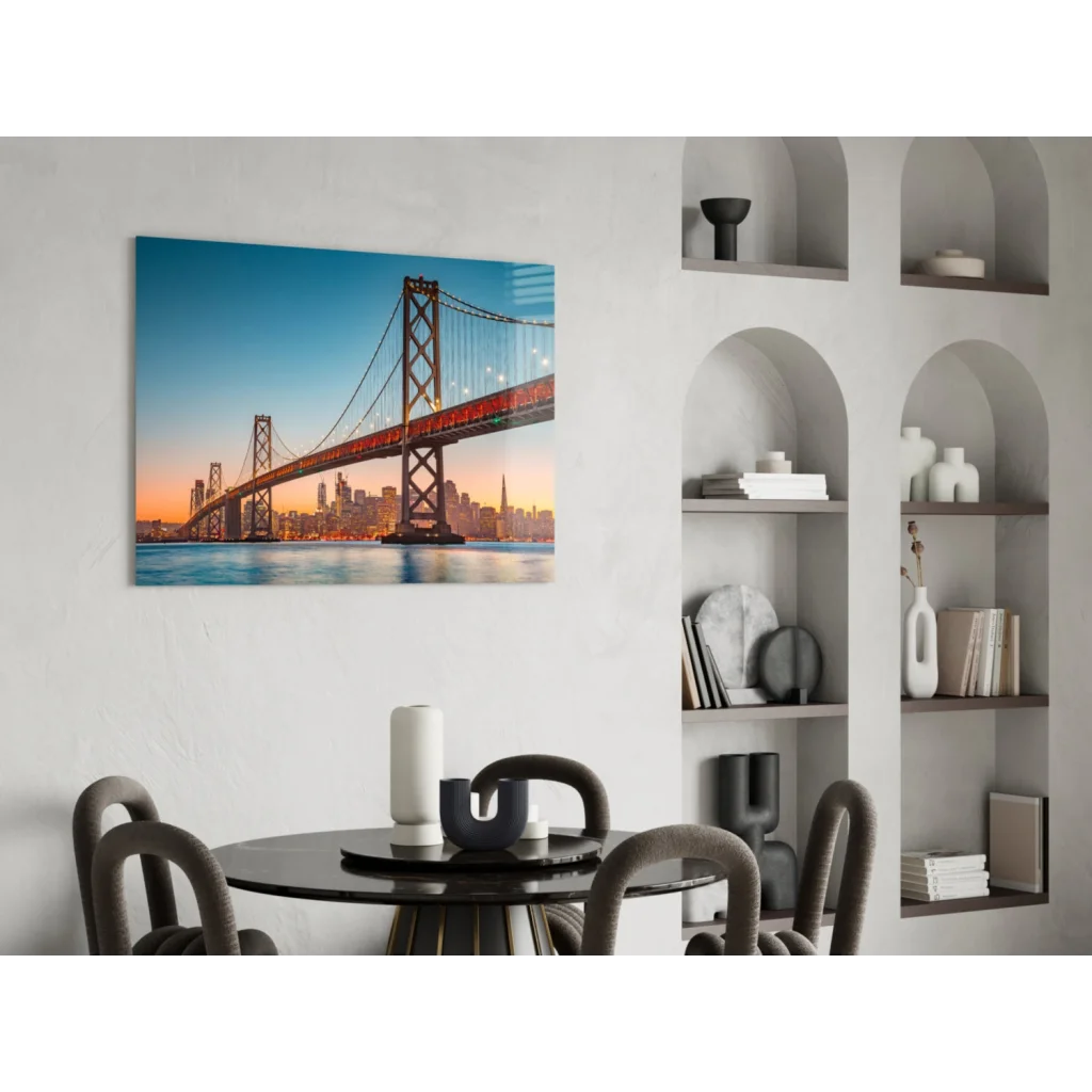 Vibrant San Francisco Bay Bridge sunset glass wall art