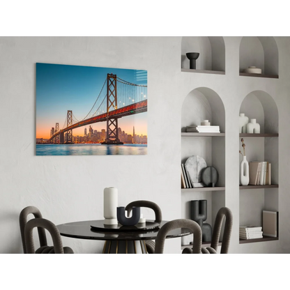 Vibrant San Francisco Bay Bridge sunset glass wall art