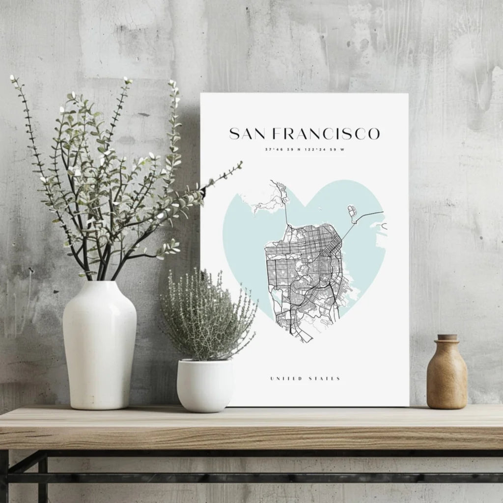 San Francisco heart map insigne aluminum print in minimalist style