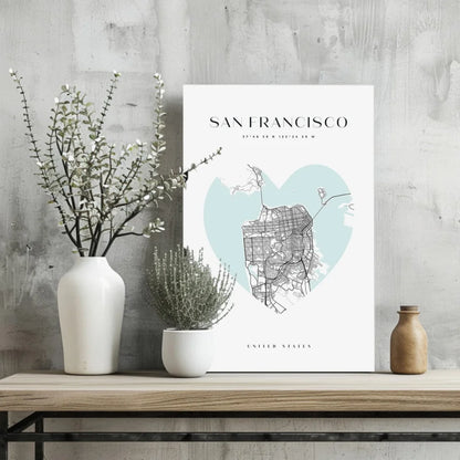 San Francisco heart map insigne aluminum print in minimalist style