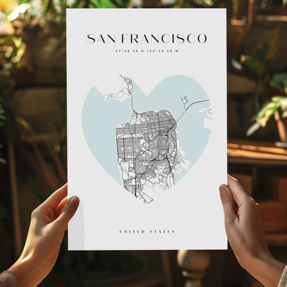 San Francisco heart map insigne aluminum print in minimalist blue and black