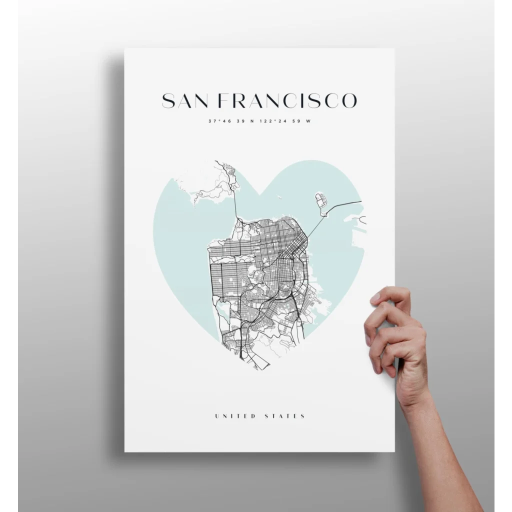 San Francisco heart map insigne aluminum print with minimalist blue design