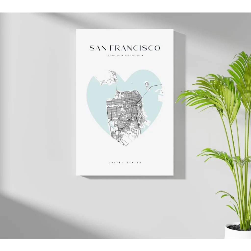 San Francisco heart map insigne aluminum print in minimalist blue and black